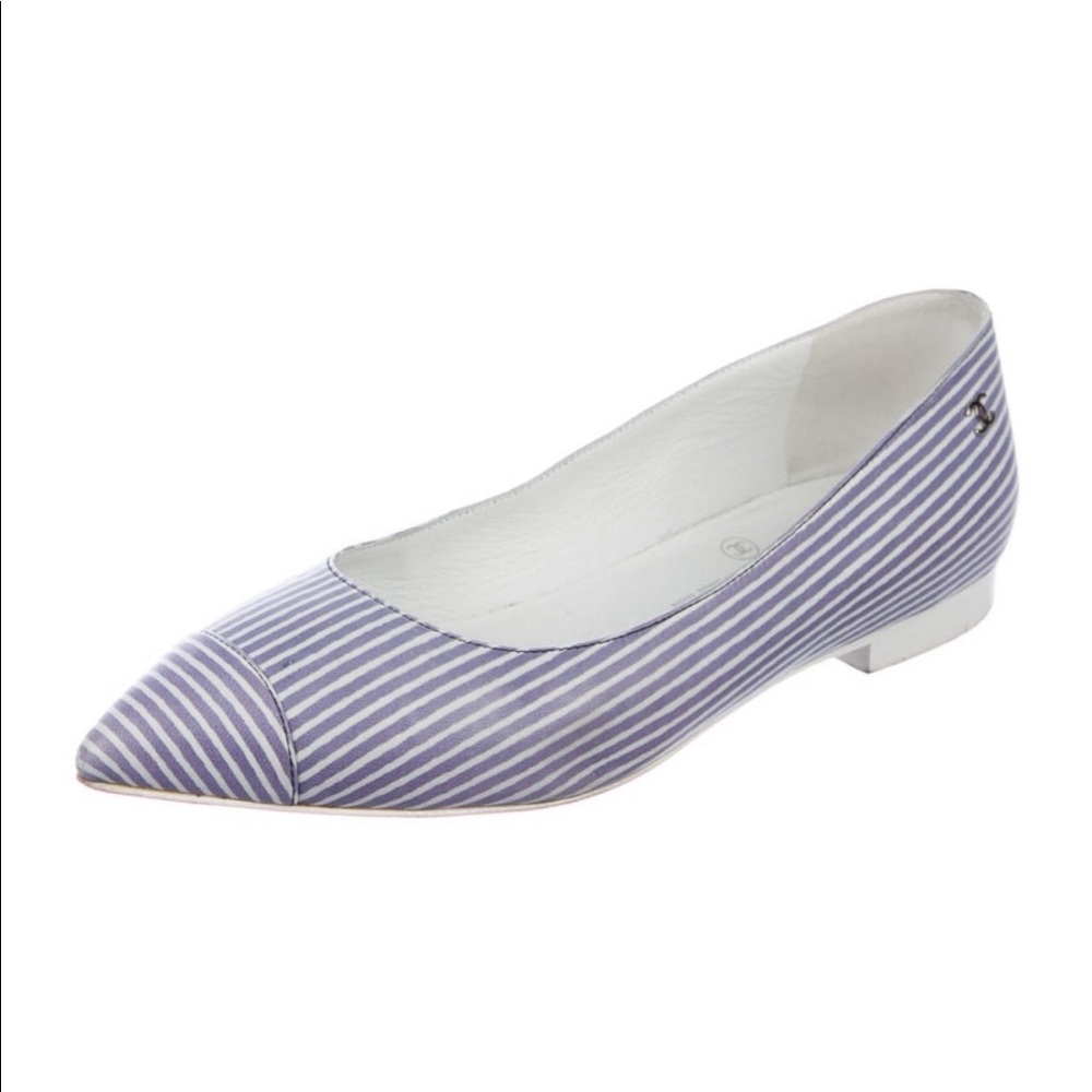 CHANEL Striped CC Logo Ballet Flats